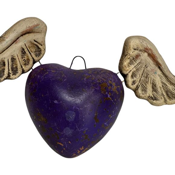 Purple Heart with White Wings Wall Art Ornament Rustic Boho Decor - Picture 7 of 11